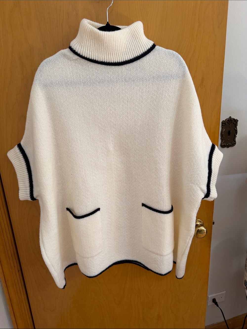 Cream Turtleneck Poncho Sweater with Black Trim - Women's Cowl